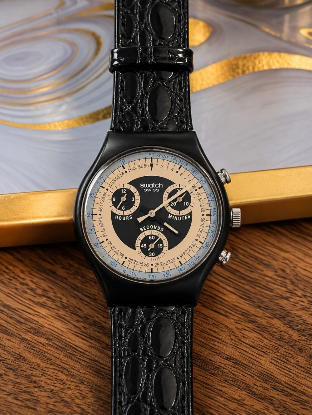 Swatch Swiss Black and Cream Chronograph Watch
